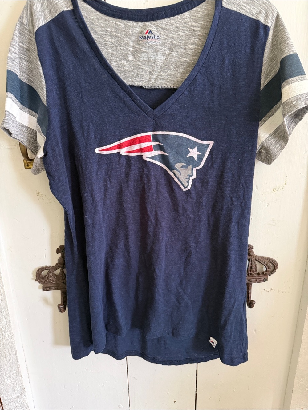 Majestic Navy V-Neck New England Patriots Tee with Gray Raglan Sleeves